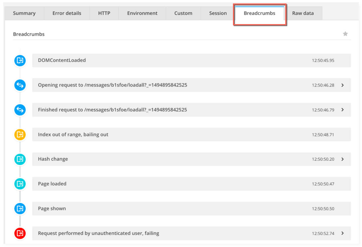 JavaScript breadcrumbs feature in Raygun