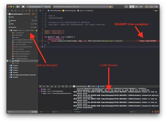 Debug iOS: Image of the debugger in XCode