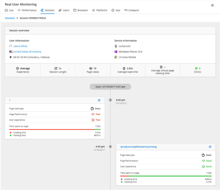 Raygun shows user information with the Session Tracking feature