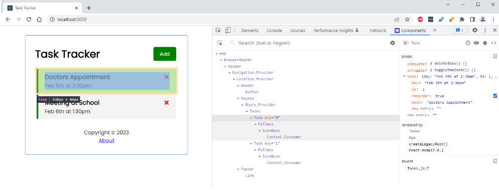 React debugging in React Developer Tools, Components