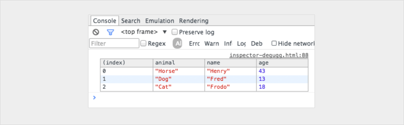 Display objects as table to help in debugging JavaScript