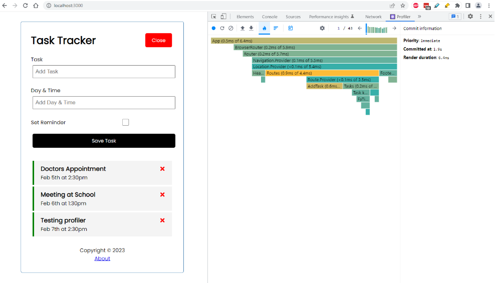 React debugging in React Developer Tools, Profiler