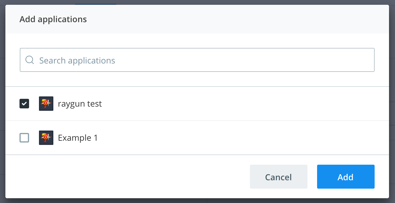 The add application to a team modal in Raygun