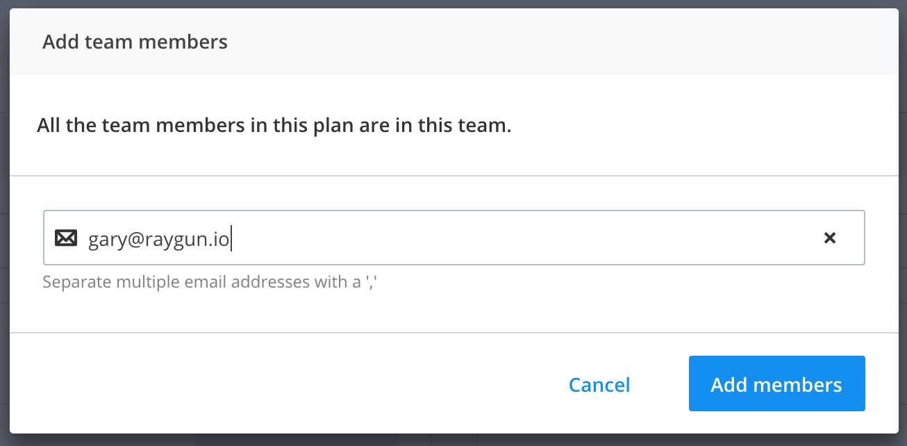 The add team member modal in Raygun