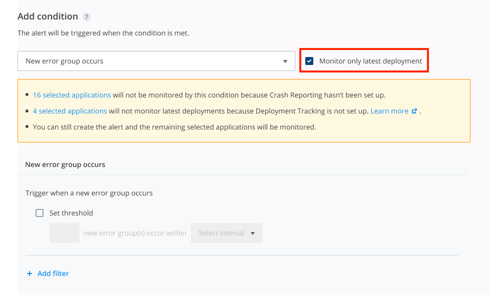 Screenshot of Raygun Alerting conditions module with Latest Deployments enabled