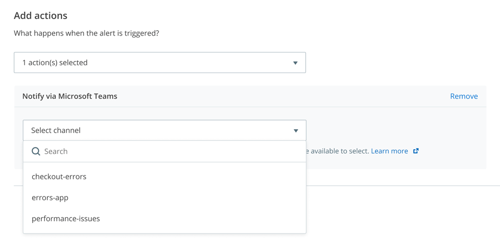 Microsoft Teams channel dropdown in Alerting