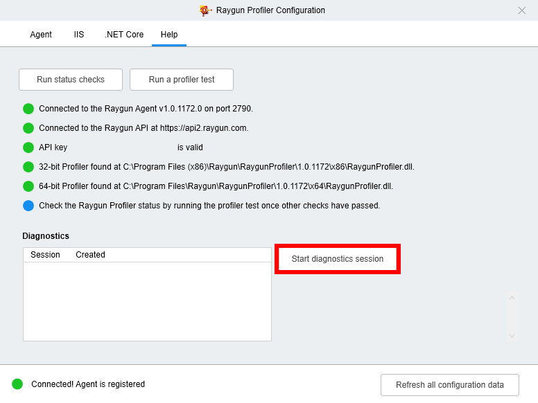 APM profiler configuration: start diagnostic session.