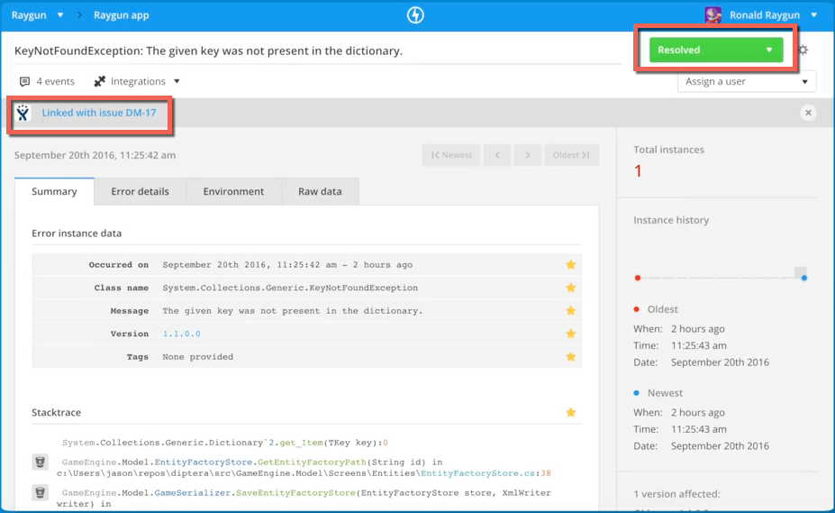 Screenshot showing the issue as &lsquo;Resolved&rsquo; inside Raygun and JIRA