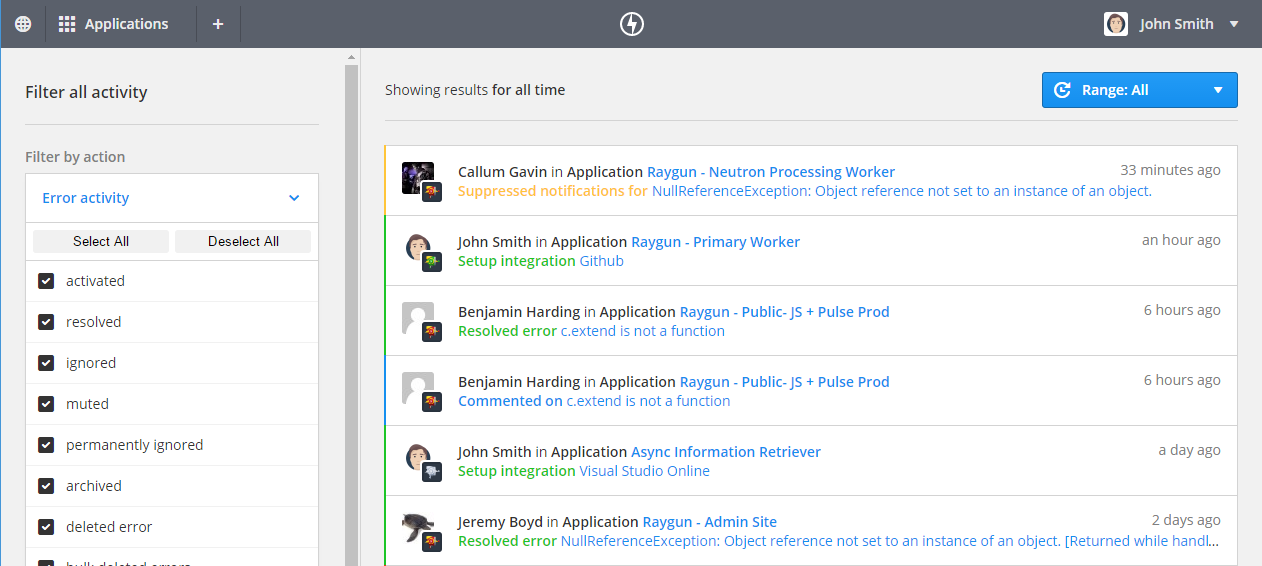 The Raygun audit log panel