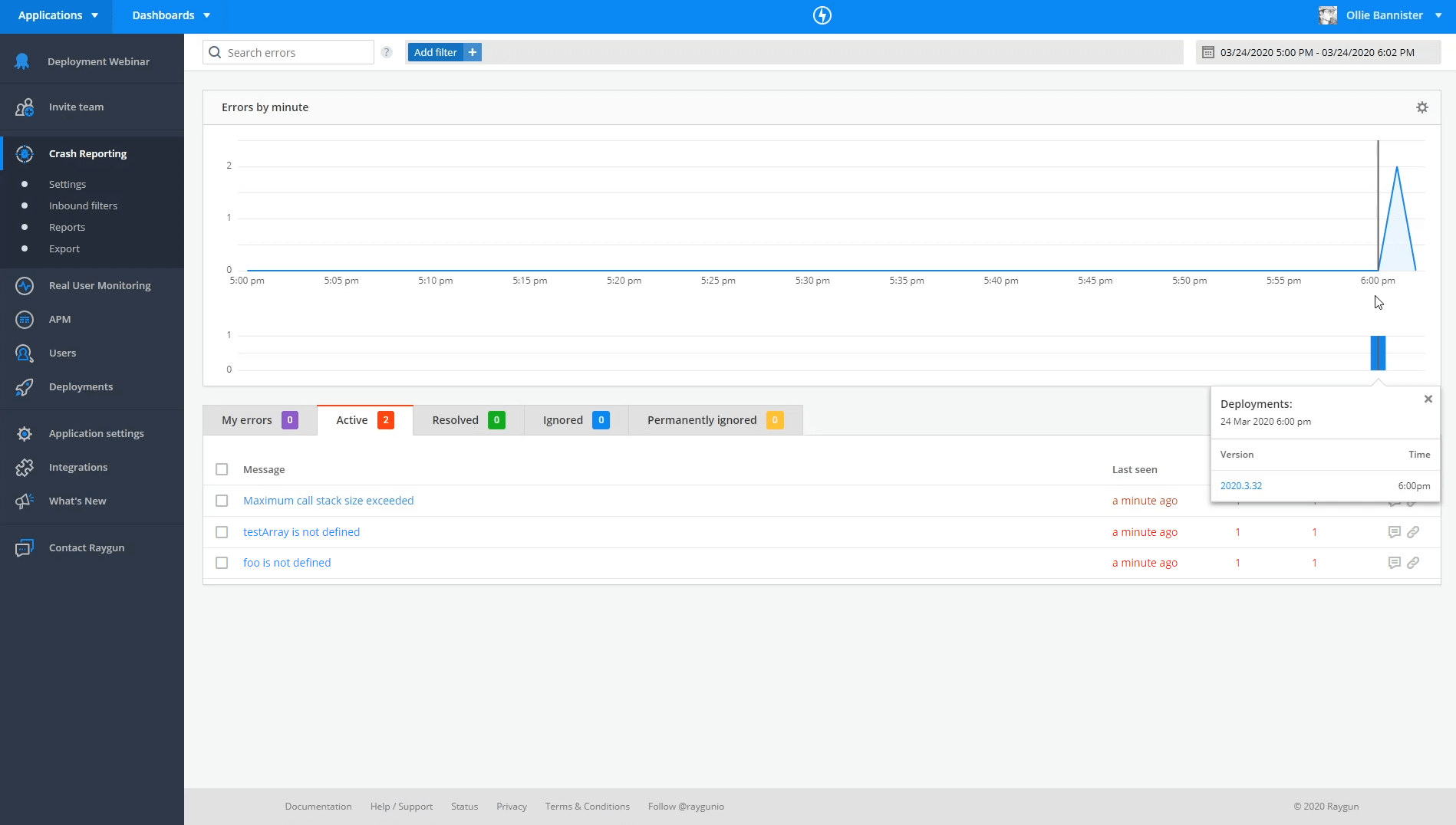 Raygun crash reporting