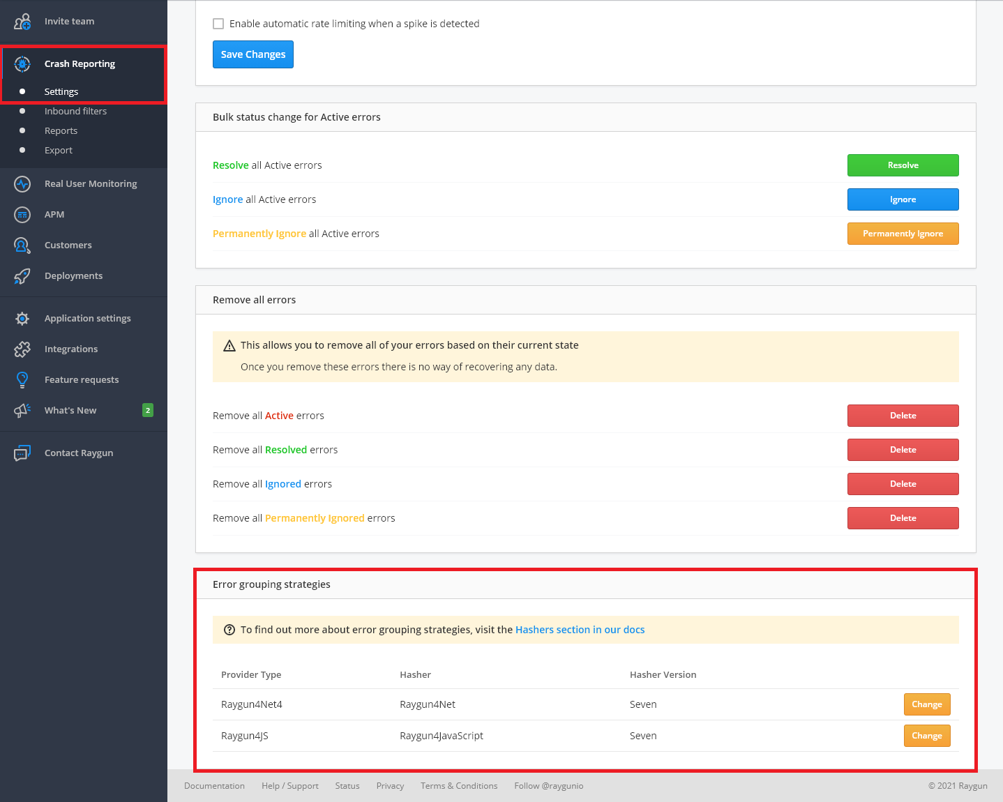 Error grouping settings in Crash Reporting