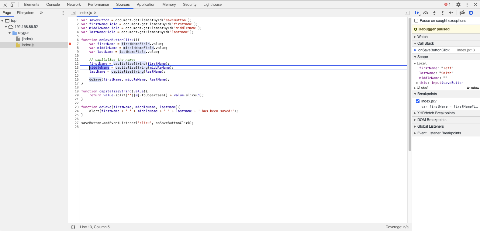 Google Chrome debugging example