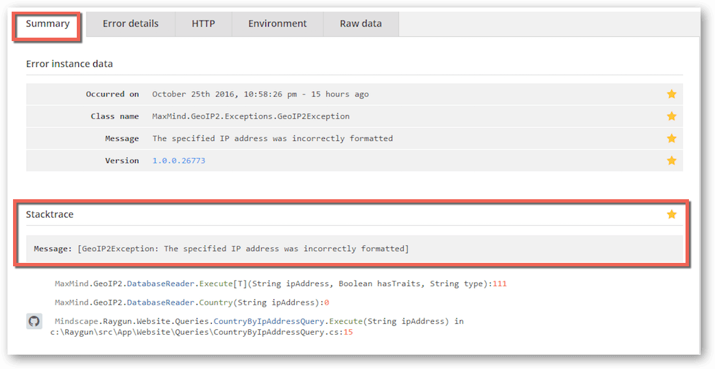 Screenshot showing summary and stack trace information inside Raygun Crash Reporting