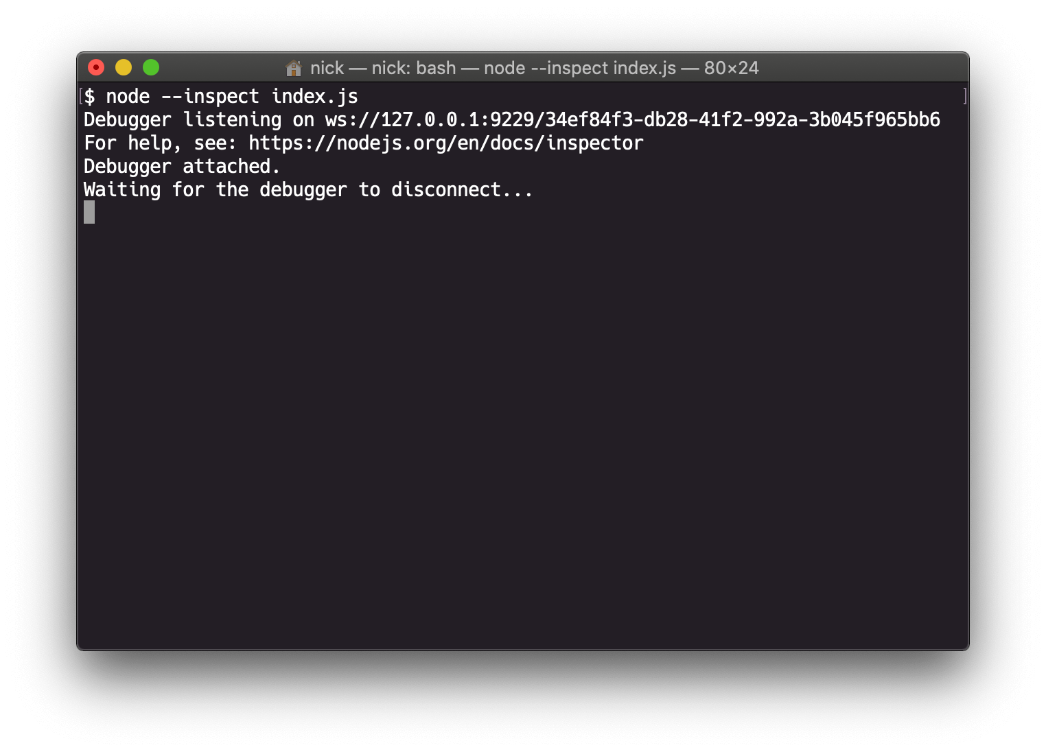 The Node debugger should read &ldquo;Waiting for the debugger to disconnect&rdquo;