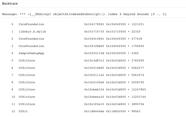 Debug iOS: Image of the backtrace in Raygun