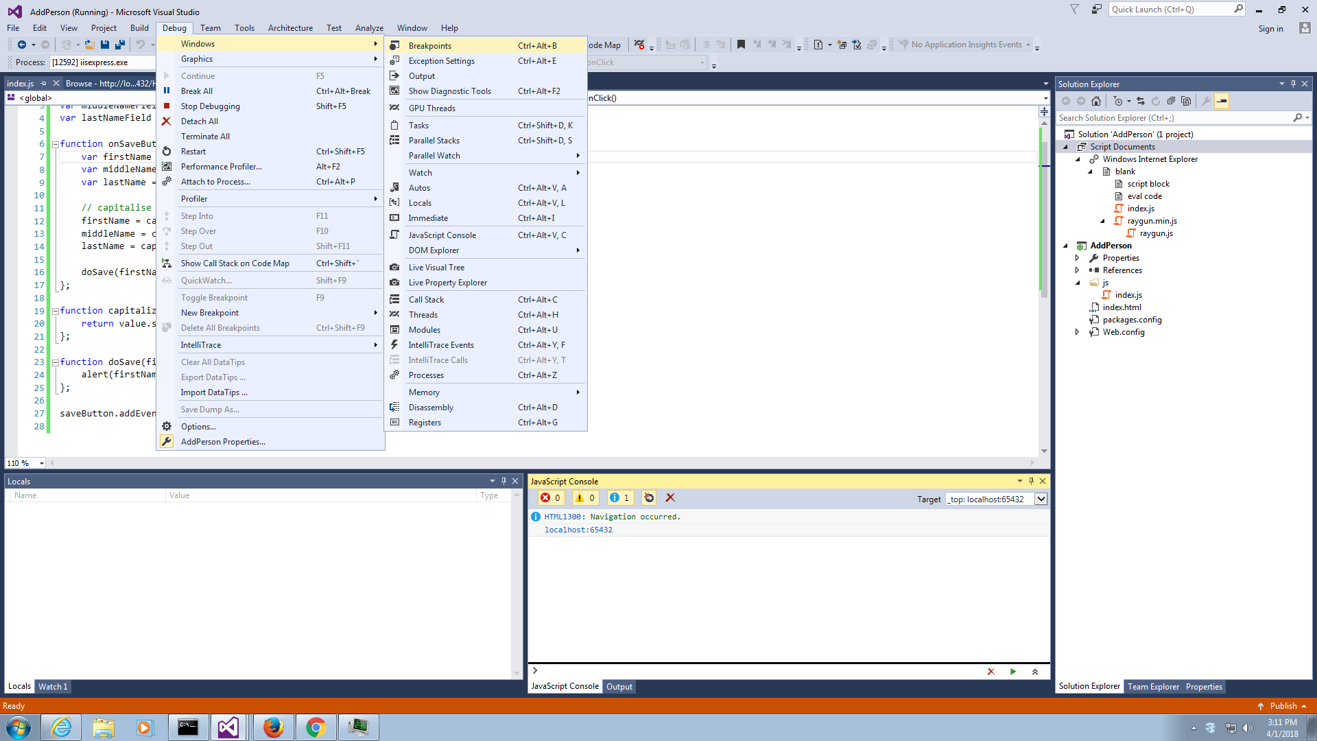 Visual studio debugging example