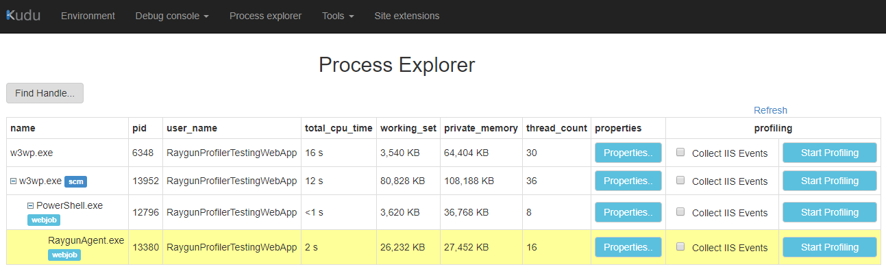 Raygun Agent shown in the Kudu process list