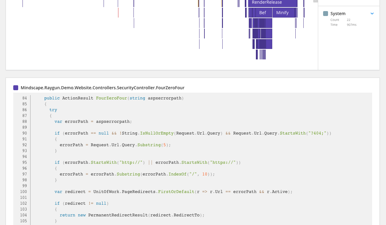 Raygun APM flamechart to code