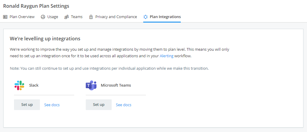 Plan Settings - Integrations