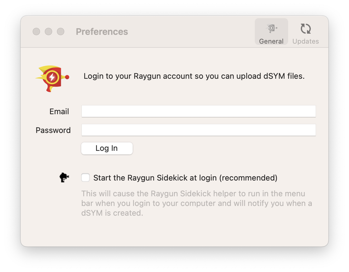 Raygun login in Preferences window