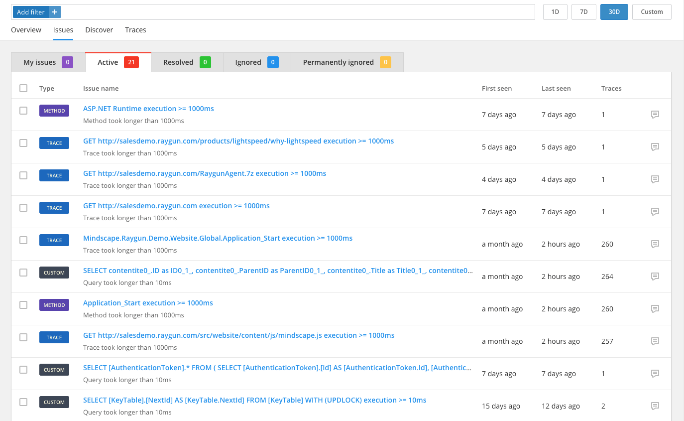 Raygun APM issues page