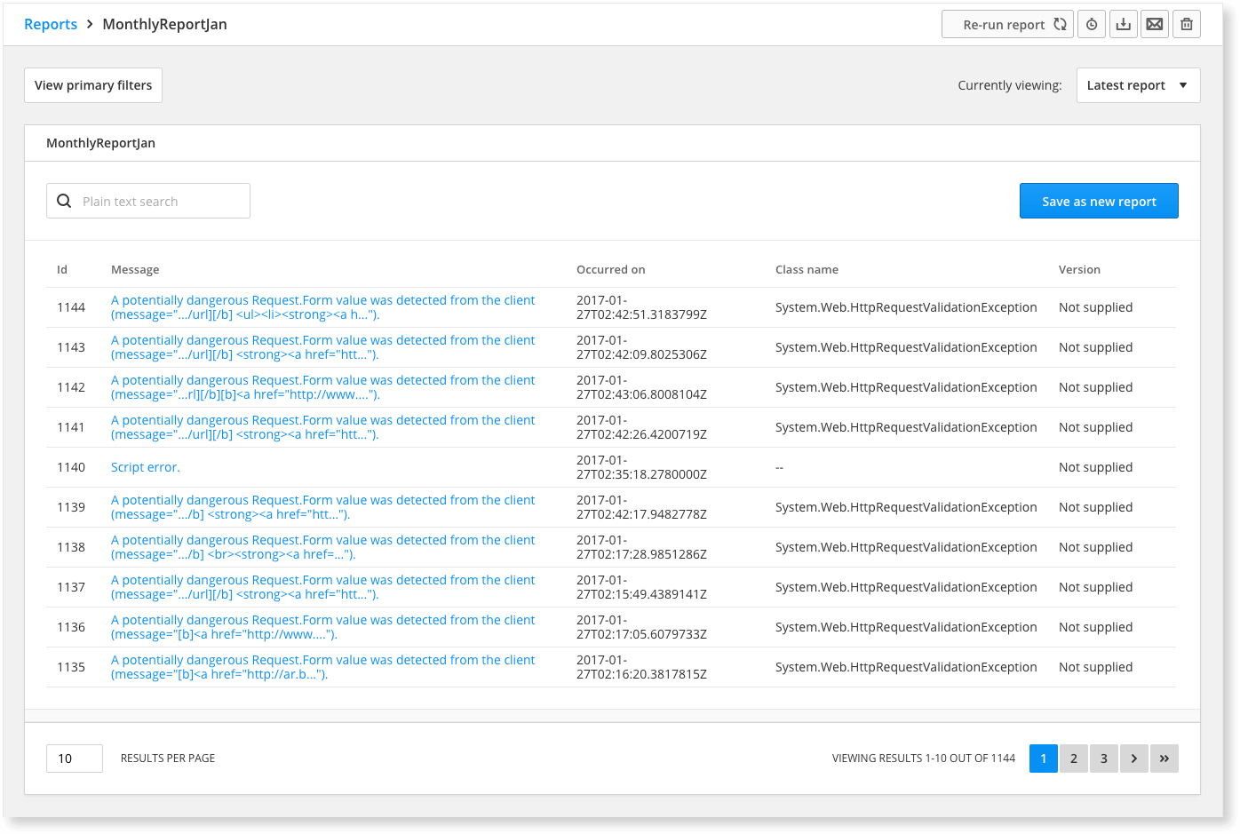 The reports section of Raygun