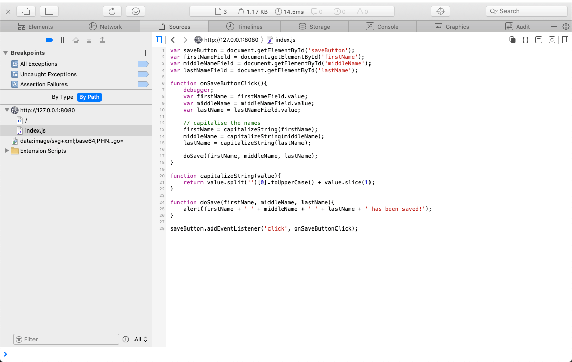 The programmatic breakpoints dialogue when debugging safari