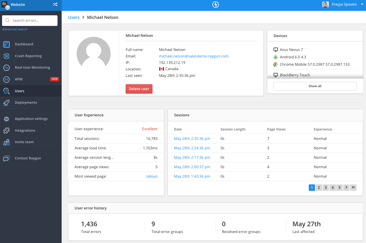 Real User Monitoring shows the interactions of a user in a Session Trace view