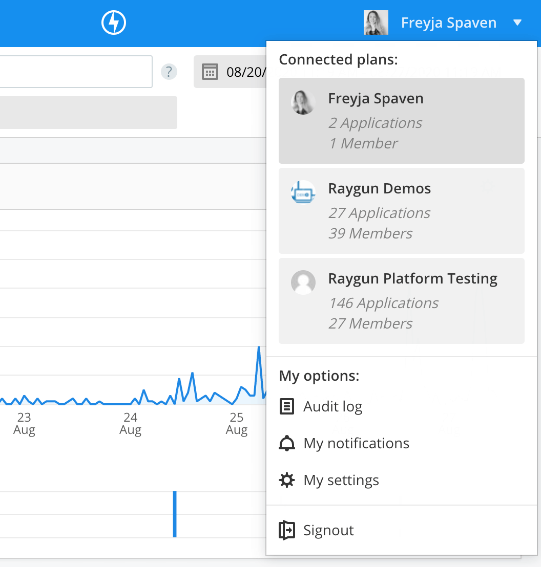 Plans dropdown in Raygun