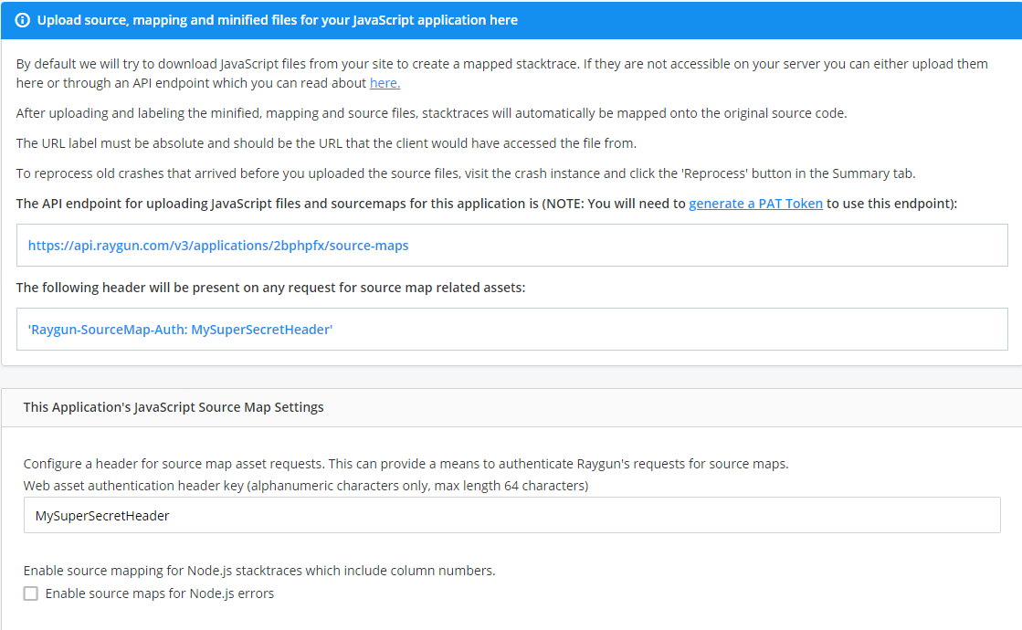 Screen shot of JS source map center showing the header settings