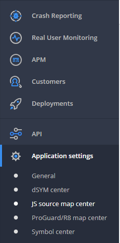 Screen shot of the Raygun application settings, JS source map center is highlighted