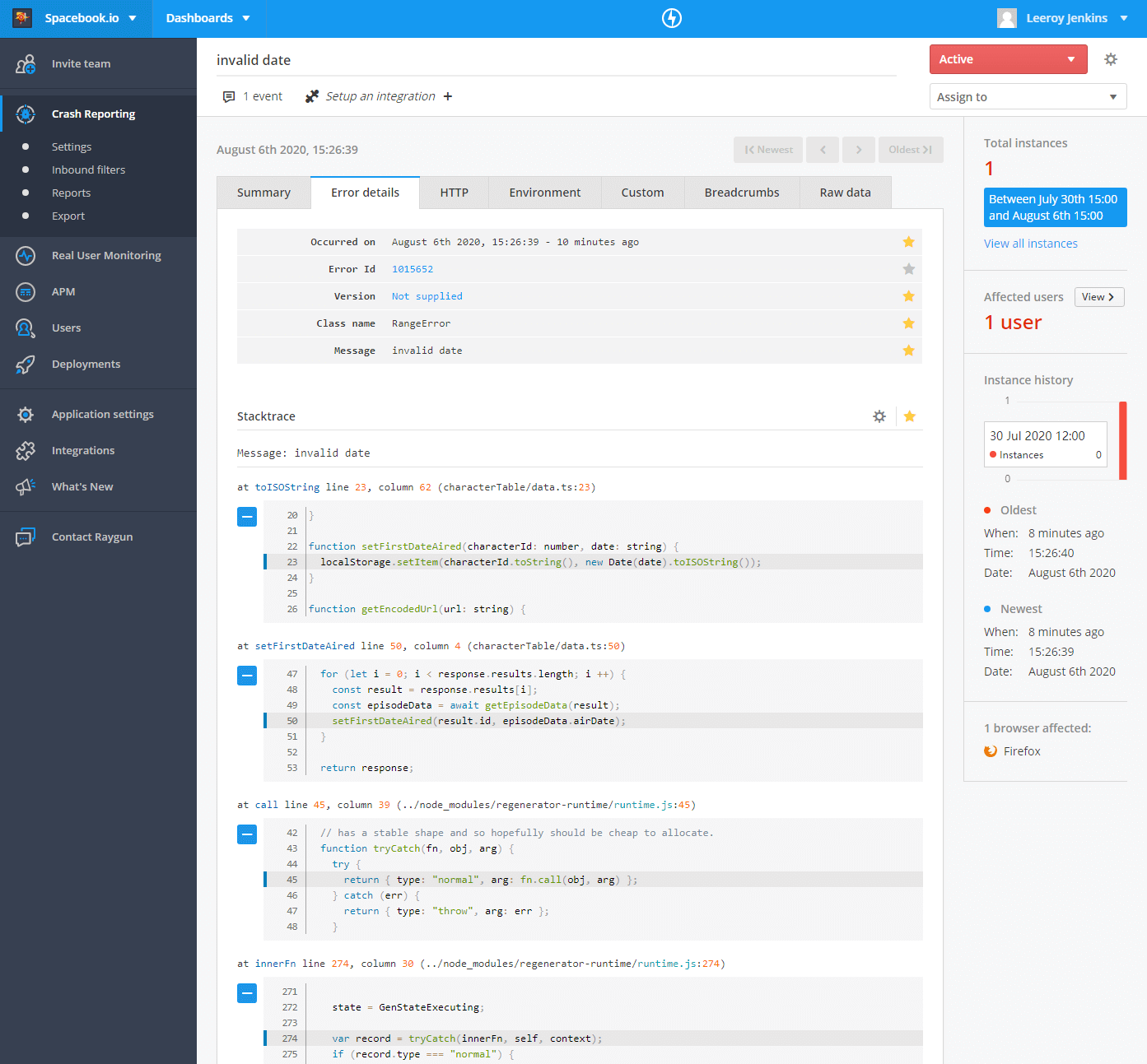 A stack trace without sourcemaps enabled