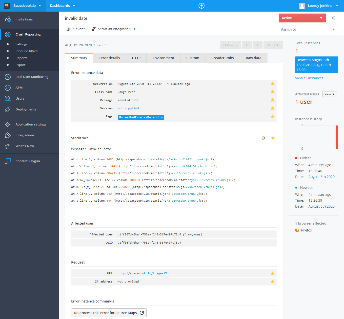 A stack trace without sourcemaps enabled